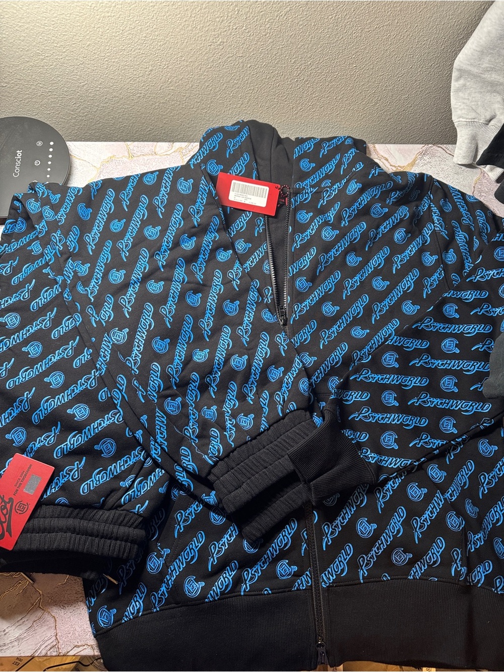 Clot/Psychworld collab Men's Black Bomber Jacket with Blue All-Over Logo Print